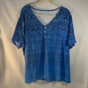 Blue Knit Women's Pull Over Shirt 2XL V Neck Button Accents Short Sleeve NWOT
